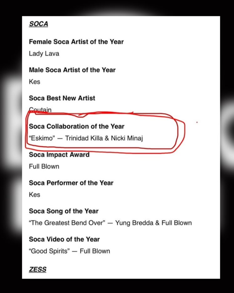 BlackMedia___'s tweet photo. “Eskimo” by Trinidad Killa & @NICKIMINAJ wins Soca Collaboration of the Year at the 2026 Caribbean Music Awards. 🏆🇹🇹

Congratulations to Trinidad Killa and the reigning Queen of Rap on this well-deserved win! 🏆

Nicki Minaj has once again extended her record as the most-awarded rapper of all time.