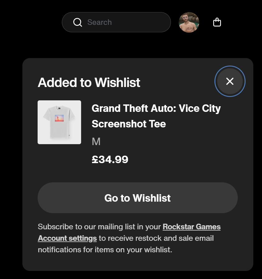 CGHchannel's tweet photo. The @RockstarGames Store now allows people to "Wishlist" items and be notified when they go on sale or are restocked. 👕

Thanks for the heads-up, @AtomicallyFused! https://t.co/At9Iv6O7nG