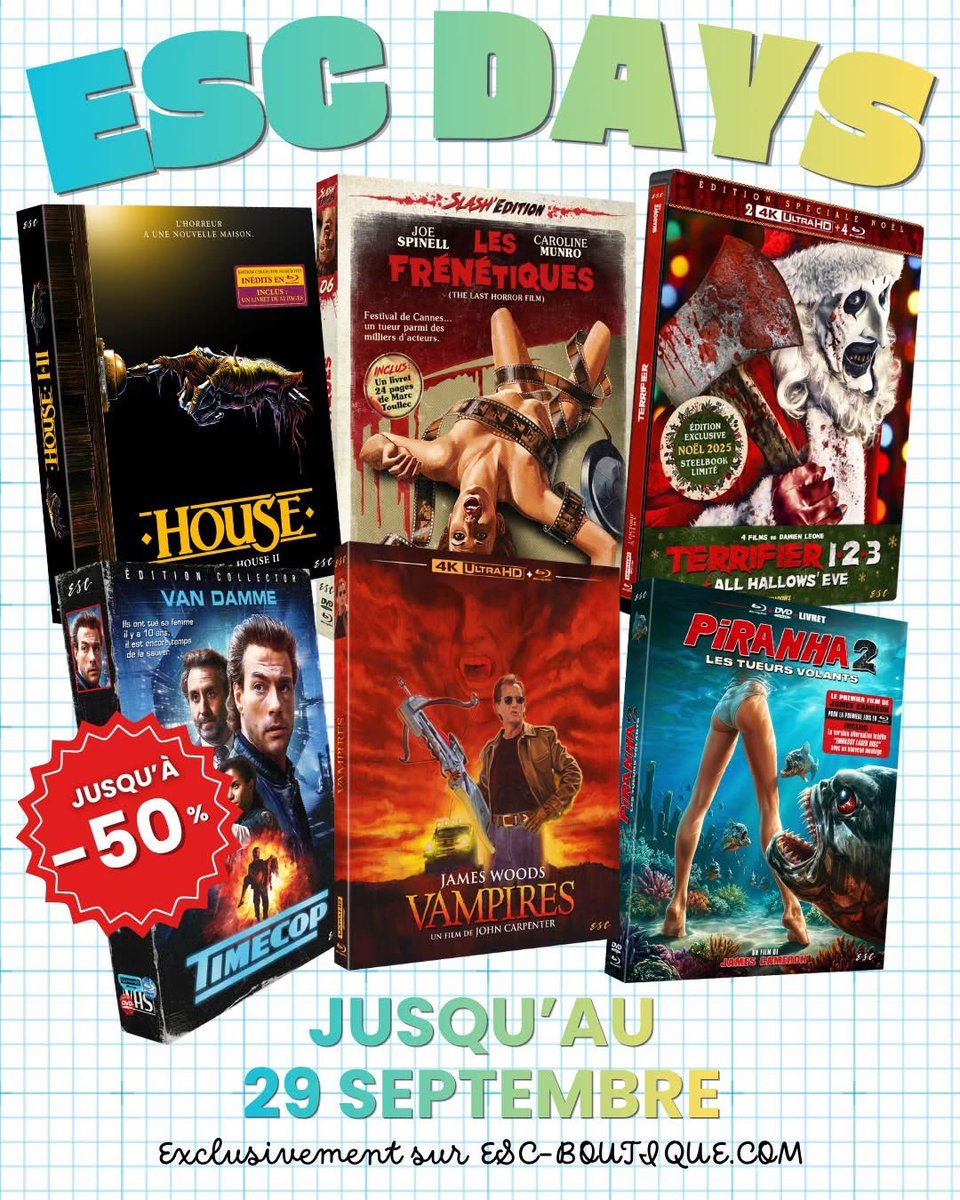 ESC_Films_'s tweet photo. 🛒 Vous avez encore jusqu'au 29 septembre pour profiter des ESC DAYS !

✨ Jusqu'à -50% de réduction sur un large choix de nos produits, c'est juste ici 👉 https://t.co/ExoU9r19NE https://t.co/QfNlj0KHKq