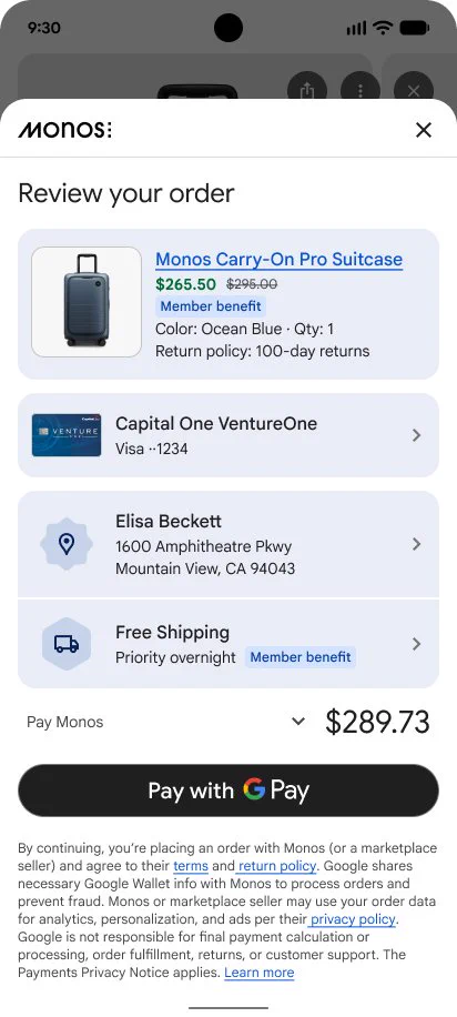 An order review screen for an online purchase of an ocean blue Monos Carry-On Pro Suitcase for $265.50. Below the item details are sections for a Capital One payment method, a shipping address for Elisa Beckett, and free priority overnight shipping, showing a total of $289.73. At the bottom, a large black button reads "Pay with G Pay" next to the Google Pay logo.