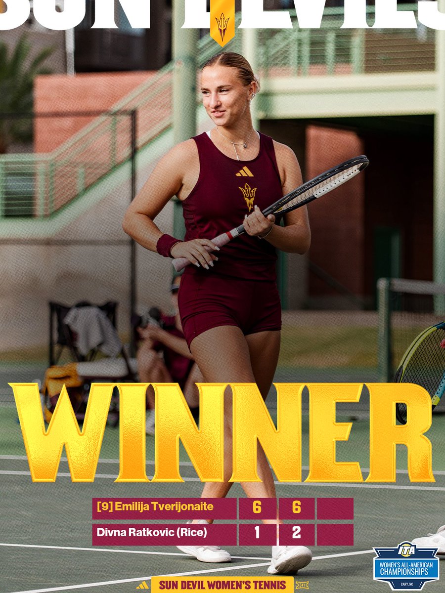 sundevilwtennis's tweet photo. Picking up where she left off 💪

Emilija moves into the second round at ITA All-American Championships with a 6-1, 6-2 win 😈

#ForksUp /// #O2V https://t.co/vBX3e85bV8