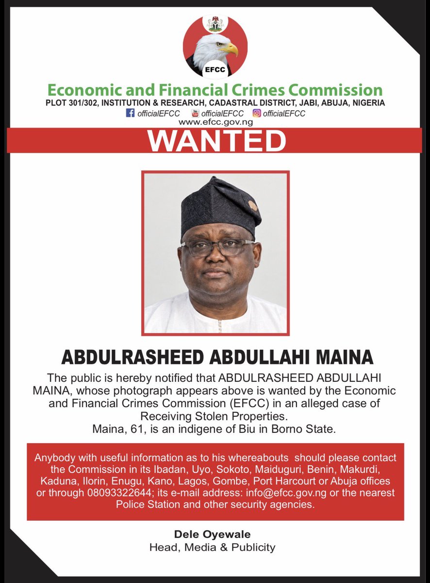 thecableng's tweet photo. Again, EFCC declares ex-pension boss Maina wanted over ‘stolen properties’

The Economic and Financial Crimes Commission (EFCC) has declared Abdulrasheed Maina, former chairman of the defunct pension reform task team (PRTT), wanted.

Maina was listed on the commission’s wanted persons portal over an alleged case of “receiving stolen properties”. 

https://t.co/lDXncBprF5