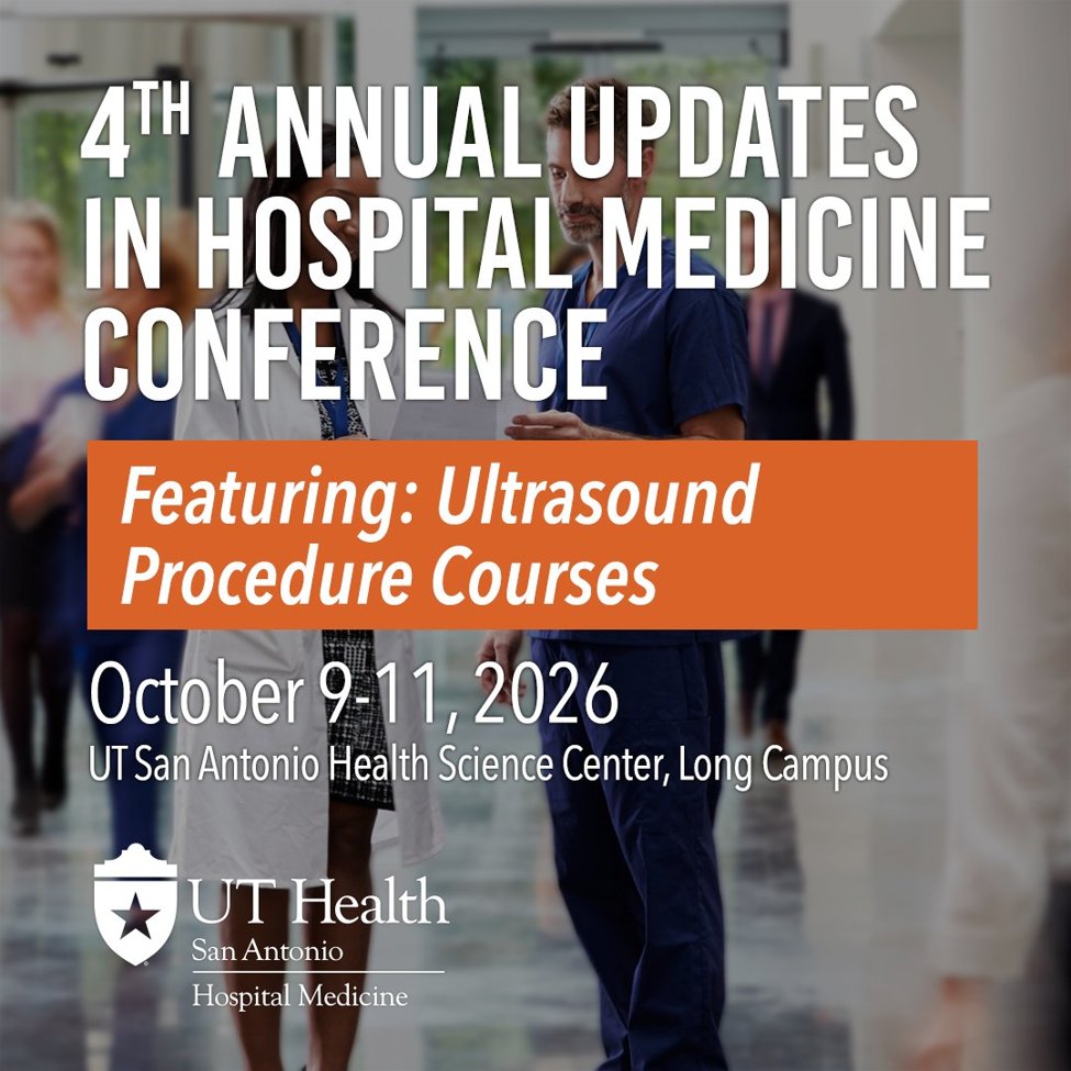 UTHealthHospMed's tweet photo. Join us for the 4th Annual Updates in Hospital Medicine Conference lands Oct 9-11 in San Antonio. Sepsis, GI bleeds, nephrology, hands-on POCUS, and more. 📅Registration below #HowWeHospitalist👇 https://t.co/nNdcBke2z1