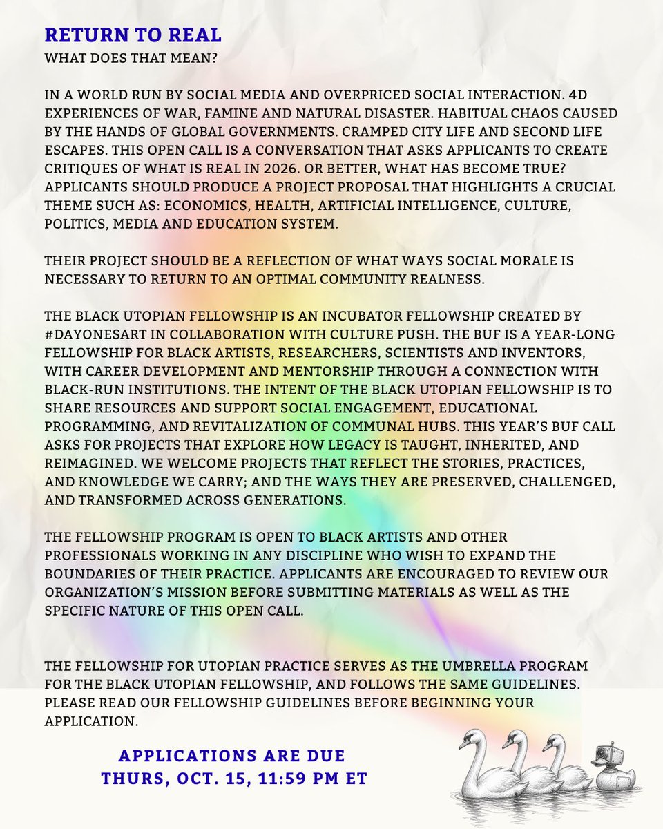 Simply_LemoNae's tweet photo. Black Utopian Fellowship 
Open Call! 

Submissions close October 15, 2026 https://t.co/W5YJ4YjLuq