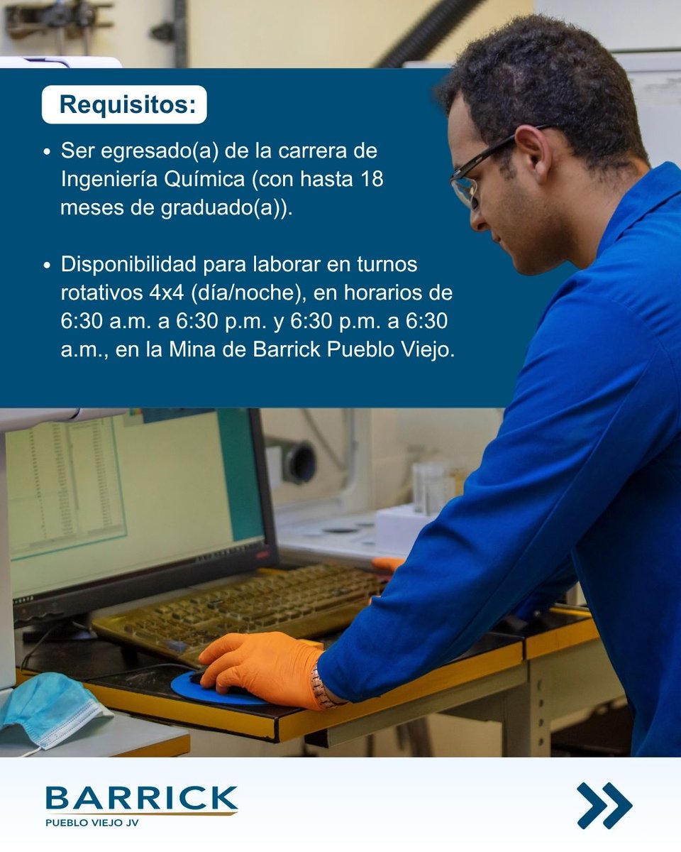 BarrickRD's tweet photo. 🚀 ¿Eres recién graduado(a) de Ingeniería Química? Esta es tu oportunidad de dar el siguiente gran paso en tu carrera.

Nuestro Programa de Nuevos Graduados: Metalurgia 2026, diseñado para brindarte experiencia práctica en procesos metalúrgicos, optimización de operaciones y control de calidad, dentro de un equipo comprometido con tu desarrollo profesional.

✅ Graduado(a) hace 18 meses o menos
✅ Disponibilidad para turnos rotativos 4x4
✅ Disponibilidad para laborar en Sánchez Ramírez