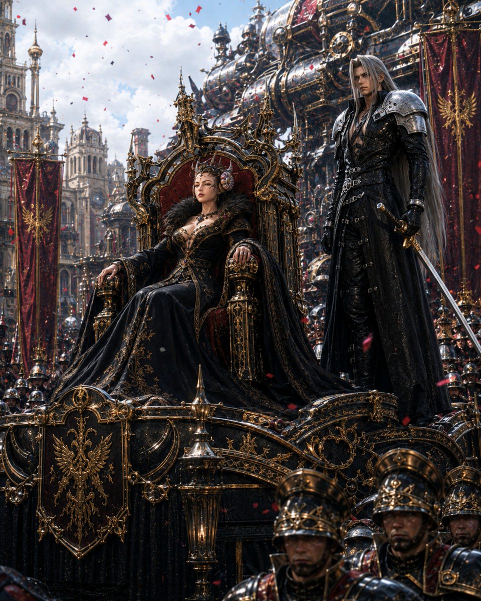 SafariRhymes's tweet photo. The parade was never meant for celebration.
It was a coronation.
Sorceress Edea and her newly appointed knight, Sephiroth.
Deling City just learned what fear looks like in formation.
⚔️🖤❄️
#FF8 #FF7 #EdeaKramer #Edea #Sephiroth #FFCrossover #SorceressEdea #FF7Revelation https://t.co/frjsldxeVC