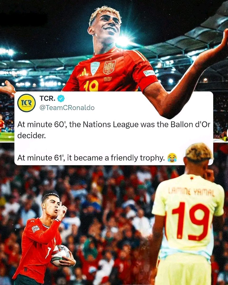 Diorah_m7's tweet photo. If lamine had won, it'll would've been a criteria for him to win the Ballon D'or, 

Buh because it's Ronaldo it's now a friendly trophy 😂 https://t.co/8vaN38Gt9f