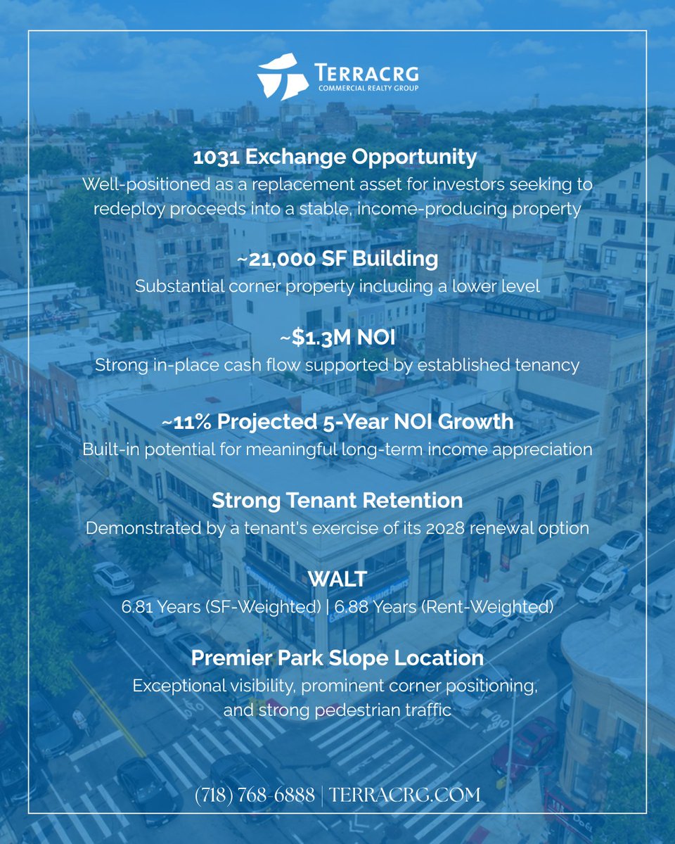 TerraCRG's tweet photo. 1031 EXCHANGE OPPORTUNITY | PARK SLOPE 
555 5th Ave offers ~21,000 SF, $1.3M in-place NOI, national tenancy &amp; projected 11% NOI growth over 5 years. Contact Dan Marks, Daniel Lebor, Rémi Norris, John Ceccoli &amp; Maria (Mimi) D’Angelo.  

NDA required: https://t.co/dpQWb3XrR0 https://t.co/GyoPQSGI90