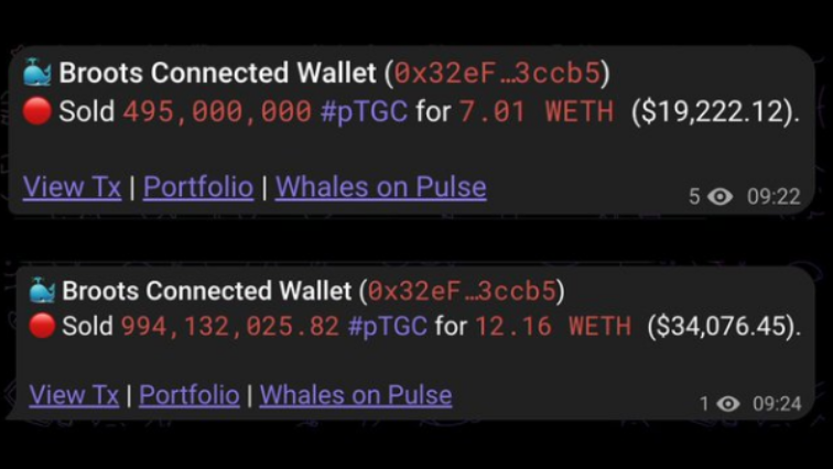 Peplord's tweet photo. PulseChain today:

Broots sells his pTGC bag at the bottom for $50K. The same position was once worth $1.6M.

NineIronCapital sells pDAI below $1.

Two of the ecosystem’s better-known names selling PulseChain assets and immediately bridging out.

Just another Wednesday. https://t.co/OvRYVPQwGt