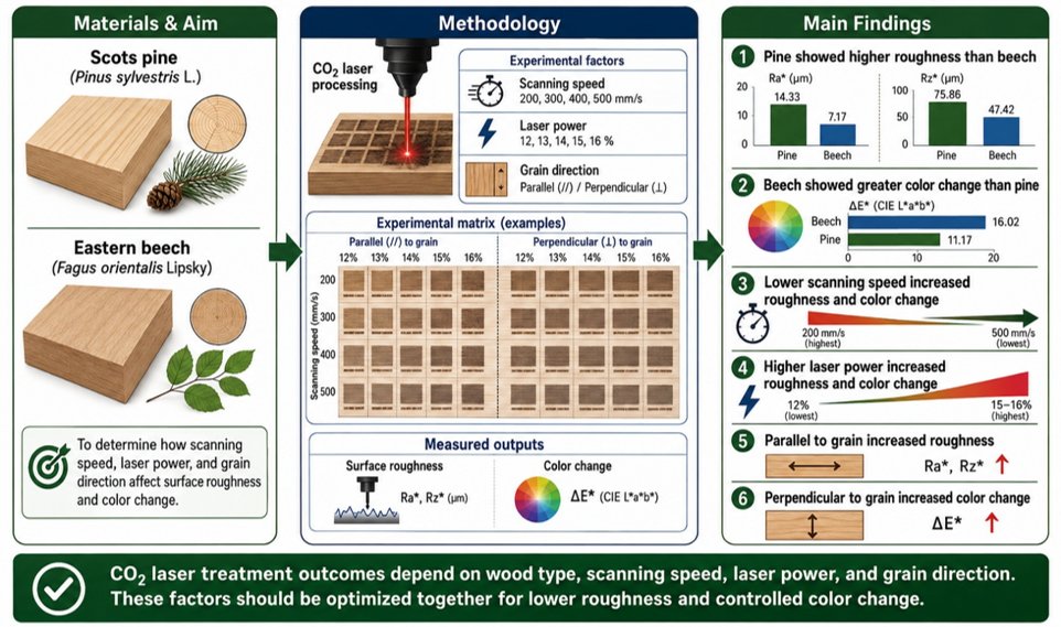 BioResJournal's tweet photo. How do CO₂ laser settings affect wood surfaces? 🔬 

Laser speed, power, and grain direction influenced roughness and color change in Scots pine and Eastern beech.

https://t.co/hUt47IHXvq

#WoodScience #LaserProcessing #WoodTechnology #BioResJournal  @mkaramanoglu https://t.co/H3HeXqhZ9F