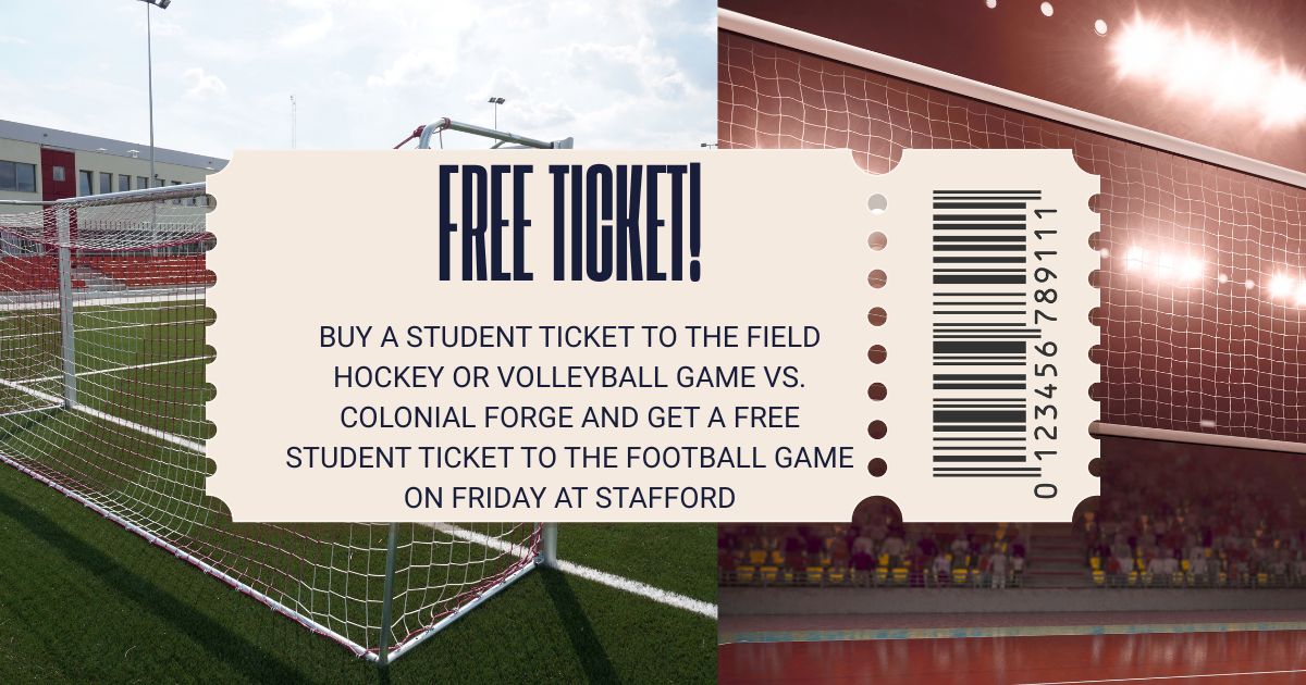 MVHS_SPORTS's tweet photo. Students! Come to the field hockey or volleyball game tomorrow and get a free ticket to the football game on Friday at Stafford. Make sure you find Mr. Denno during or after the game to get your voucher for your ticket to the football game. #ViewPride https://t.co/33FLWKnJtO