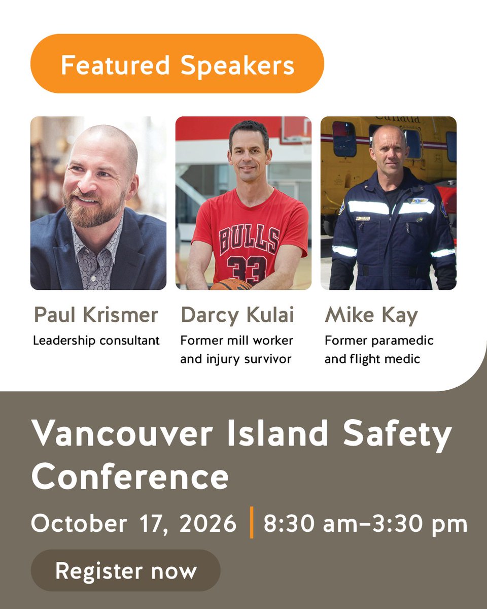 WorkSafeBC's tweet photo. Curious about what to expect at the 2026 Vancouver Island Safety Conference?  

Hear safety presentations grounded in personal experience and professional insights from experts in the forest and wood product sectors on how to build safer workplaces. 

Keynote speakers include:

➡️ Paul Krismer, on improving engagement, leadership and resilience in workplace culture. 

➡️ Darcy Kulai will share how gaps in training and communication can lead to serious injuries. 

➡️ Mike Kay will discuss first aid and emergency response planning in remote workplaces. 

You can also connect with industry leaders and peers and take away safety tools and practices to apply in your workplace. 

Learn more and register: https://t.co/I02sJ4UBzV