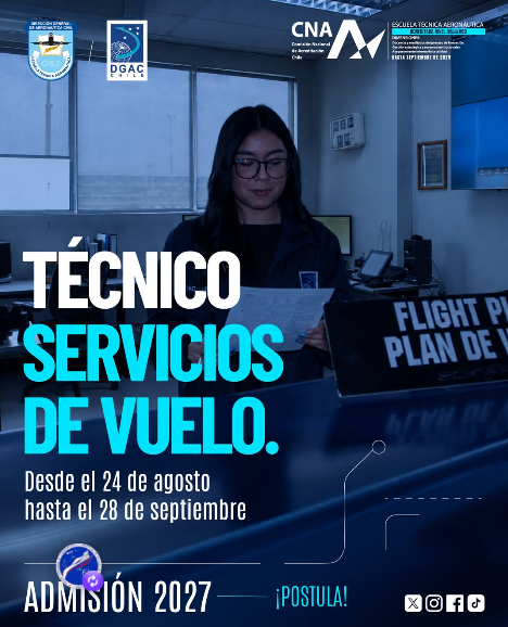 DGACChile's tweet photo. ✈️ ¡TU FUTURO DESPEGA EN LA #ETA!  @Esc_Aeronautica 

#Admisión2027 | Técnico de Nivel Superior en Servicios de Vuelo
👉 Antes de que una aeronave despegue, durante su recorrido y hasta que finaliza el vuelo, existe información que debe estar disponible en el momento preciso.

Como Técnico de Nivel Superior en Servicios de Vuelo, te formarás para proporcionar información y servicios esenciales para la operación aérea, integrando conocimientos de tránsito aéreo, telecomunicaciones y meteorología aeronáutica.

Tu trabajo contribuirá a que pilotos, tripulaciones y otros usuarios aeronáuticos puedan planificar y desarrollar sus vuelos de manera segura y eficiente.

Si te apasiona la aviación, disfrutas trabajar con información, tecnología y coordinación, esta carrera puede ser tu camino.

🚨 ¡ATENCIÓN A LOS PLAZOS!
Postulaciones abiertas hasta el 28 de septiembre (12:00 horas).
Proceso 100% online a través de la plataforma oficial ingresando con tu #ClaveÚnica.
👉Conoce los requisitos en: https://t.co/GdxD4VHlg6