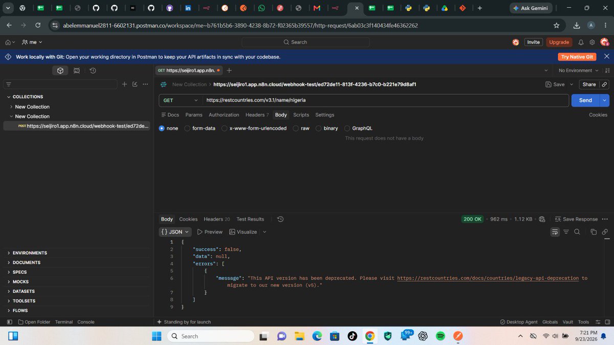 Critical2811's tweet photo. Just completed day 9
used Postman to test the REST Countries API, then built an n8n workflow that pulls country data, cleans it up, and emails it to me automatically.https://t.co/0aHe57Cd4d https://t.co/SryOjHstc9