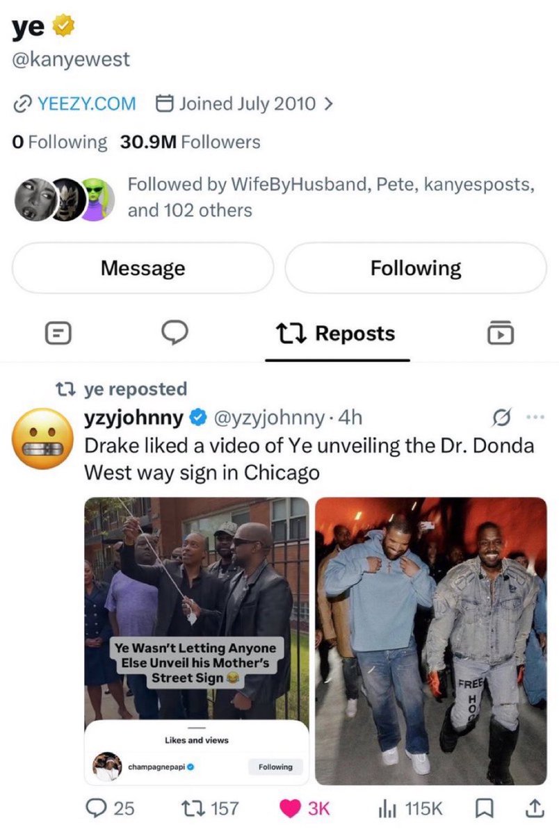 AkademiksTV's tweet photo. Ye reposted Drake liking the video of him unveiling the his moms street sign in Chicago https://t.co/cy1ch8cnSv