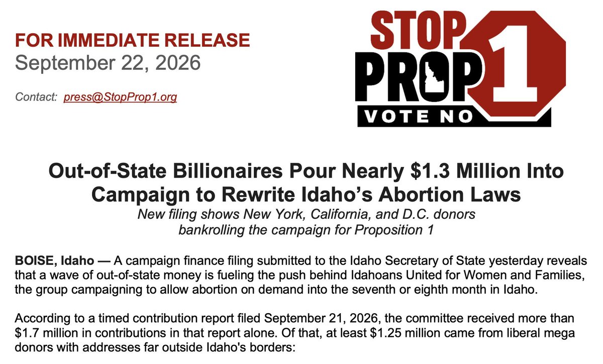 IdahoGOP's tweet photo. Most Idahoans are not demanding legalized abortion, but big left-wing interests from New York and Washington DC are trying to impose it anyway.

Reject this agenda and vote no on Prop 1! https://t.co/rReZSDXJlF
