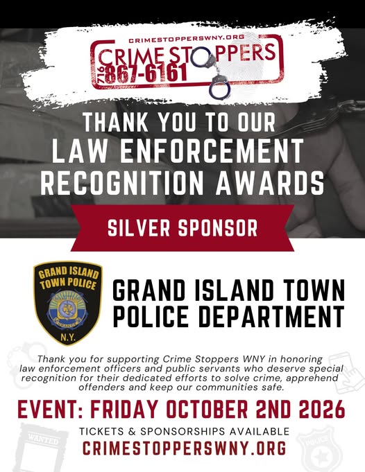 CrimeStopperWNY's tweet photo. ⭐️Thank you to the Grand Island Town Police Department for supporting the Crime Stoppers WNY Law Enforcement Recognition Awards as a Silver Sponsor!⭐️

Tickets and sponsorships are available online until Friday, September 25: https://t.co/37UPIQAw6q https://t.co/XyXp0UueIW