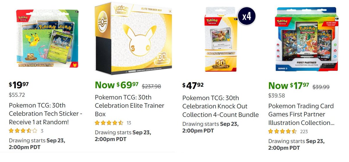 PokemonDealsTCG's tweet photo. There was a good amount of 30th Celebration success with the previous Walmart drawing. Who scored last week? ~1 Hour Until New Drawings⚡️

Enter Drawings (Today 2PM PT / 5PM ET)
➡️https://t.co/dmkbVB894I

Only takes a few minutes to enter once it's live - one of the easiest 30th drops to try for. Membership not required, have payment + shipping info saved and log in to join when live.

30th Products Dropping Today:
- 30th Celebration Elite Trainer Box
- 30th Knock Out Collection 4ct
- 30th Tech Sticker Collection

#Pokemon #AD