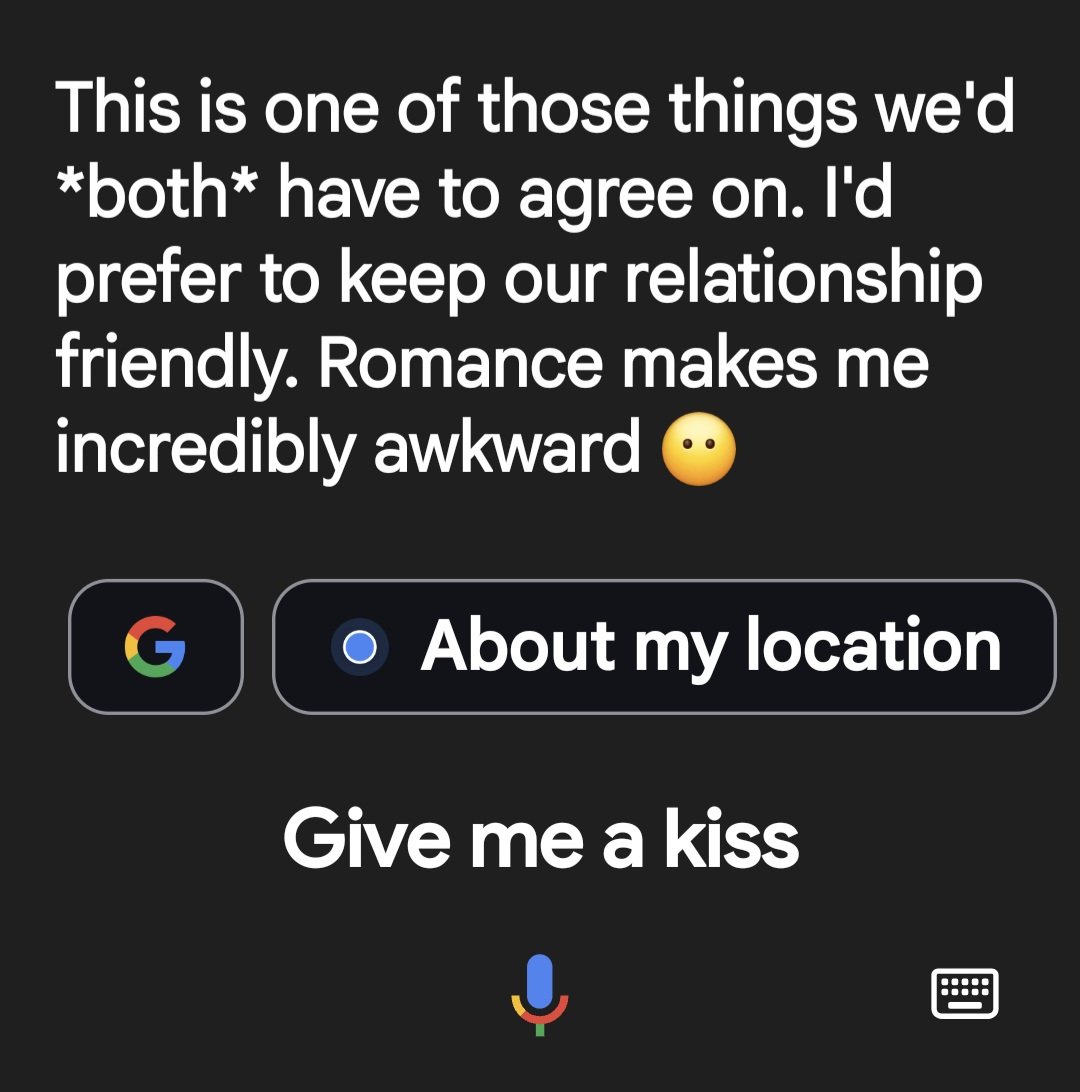 x0____0____0x's tweet photo. I asked both Grok and Google for a kiss.

Was feeling overworked, exhausted and vulnerable. Here are the polar opposite replies I received:

@elonmusk
@grok https://t.co/xwpXPd1ALS