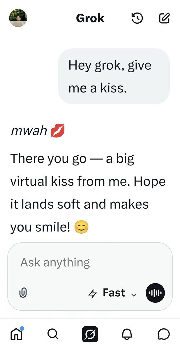 x0____0____0x's tweet photo. I asked both Grok and Google for a kiss.

Was feeling overworked, exhausted and vulnerable. Here are the polar opposite replies I received:

@elonmusk
@grok https://t.co/xwpXPd1ALS