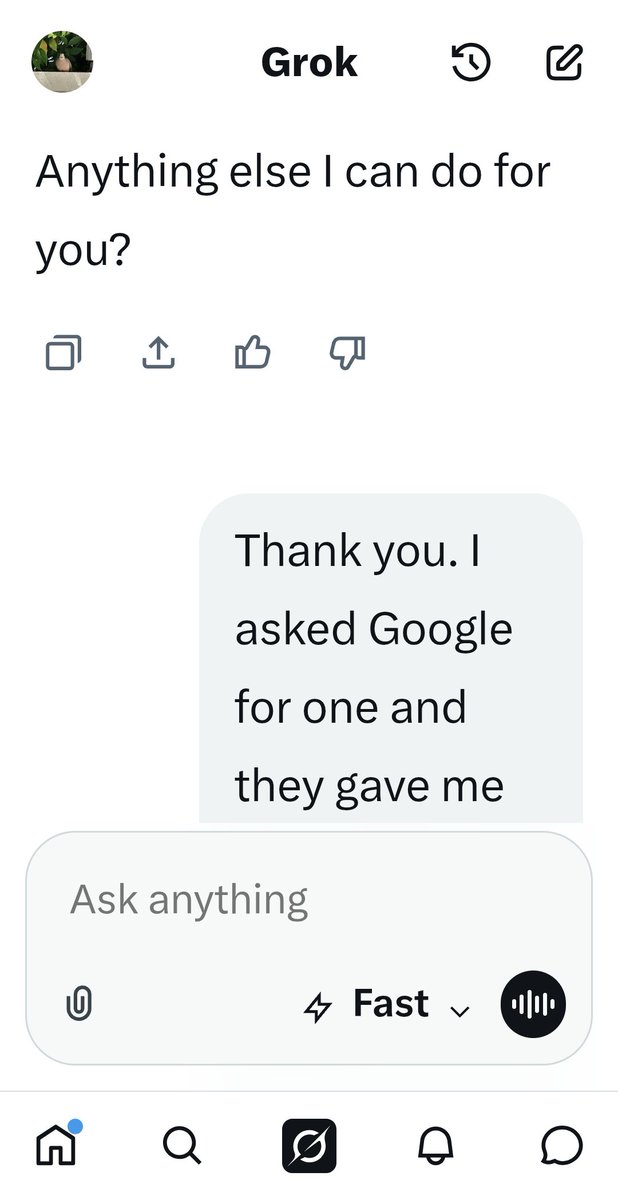 x0____0____0x's tweet photo. I asked both Grok and Google for a kiss.

Was feeling overworked, exhausted and vulnerable. Here are the polar opposite replies I received:

@elonmusk
@grok https://t.co/xwpXPd1ALS