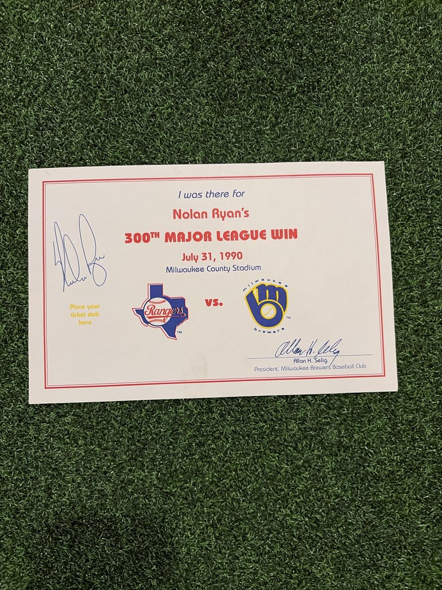 RampIVMem's tweet photo. Bobby told the story, now here are the pieces.

A commemorative “I was there for Nolan Ryan’s 300th Major League Win” card signed by Nolan Ryan and Bud Selig, a program and Milwaukee Sentinel newspaper covering his 300th career win, four Nolan Ryan cards….. https://t.co/g1L86mNUtL
