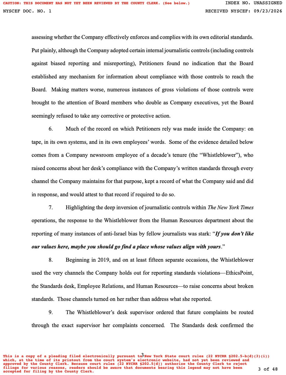 StopAntisemites's tweet photo. BOMBSHELL lawsuit just dropped: Florida’s state pension fund and another NYT shareholder are suing The New York Times, demanding access to internal records over alleged anti-Israel bias and failures to enforce editorial standards.

According to the filing, a veteran NYT employee raised concerns at least 15 times. 

HR allegedly responded - "If you don’t like our values here, maybe you should go find a place whose values align with yours."

The petition also cites 72 admitted errors in eight months of Israel-Hamas coverage, buried complaints, ignored standards and antisemitism training promised in 2019 that was allegedly never implemented.

Wow.