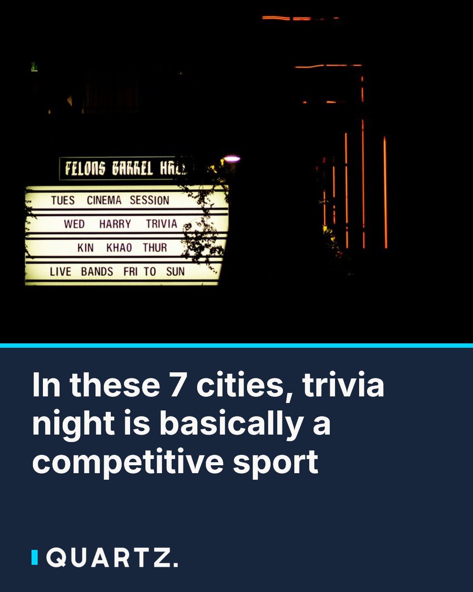 qz's tweet photo. In these 7 cities, trivia night is basically a competitive sport

Bar trivia has evolved far beyond a casual weeknight distraction — in cities like D.C. and L.A., you'll find seasonal leagues, championship tournaments, and venues where a Jeopardy

#TriviaNight #PubQuiz #BarTrivia https://t.co/E4YmZXUcte