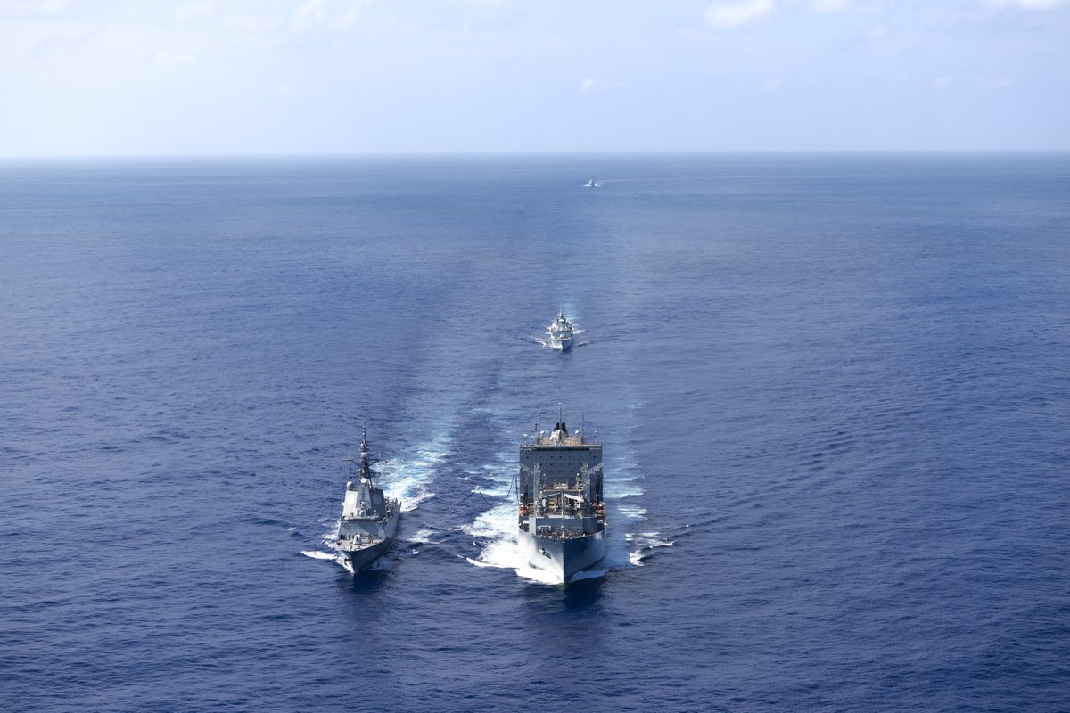 DefenceAust's tweet photo. Sea + Sky = Scenic 🚢✈️

The @Australian_Navy, @RoyalCanNavy, @JMSDF_PAO, @USNavy and the New Zealand Air Force conducted cooperative maritime training above, on and beneath the ocean during Exercise Pacific Vanguard 2026 off the coast of 📍 Guam.

🇦🇺 🇨🇦 🇯🇵 🇳🇿 🇺🇸

Read more ➡️ https://t.co/YjRxZ8hyuC

#YourADF #StrongerTogether @NZDefenceForce @USPacificFleet