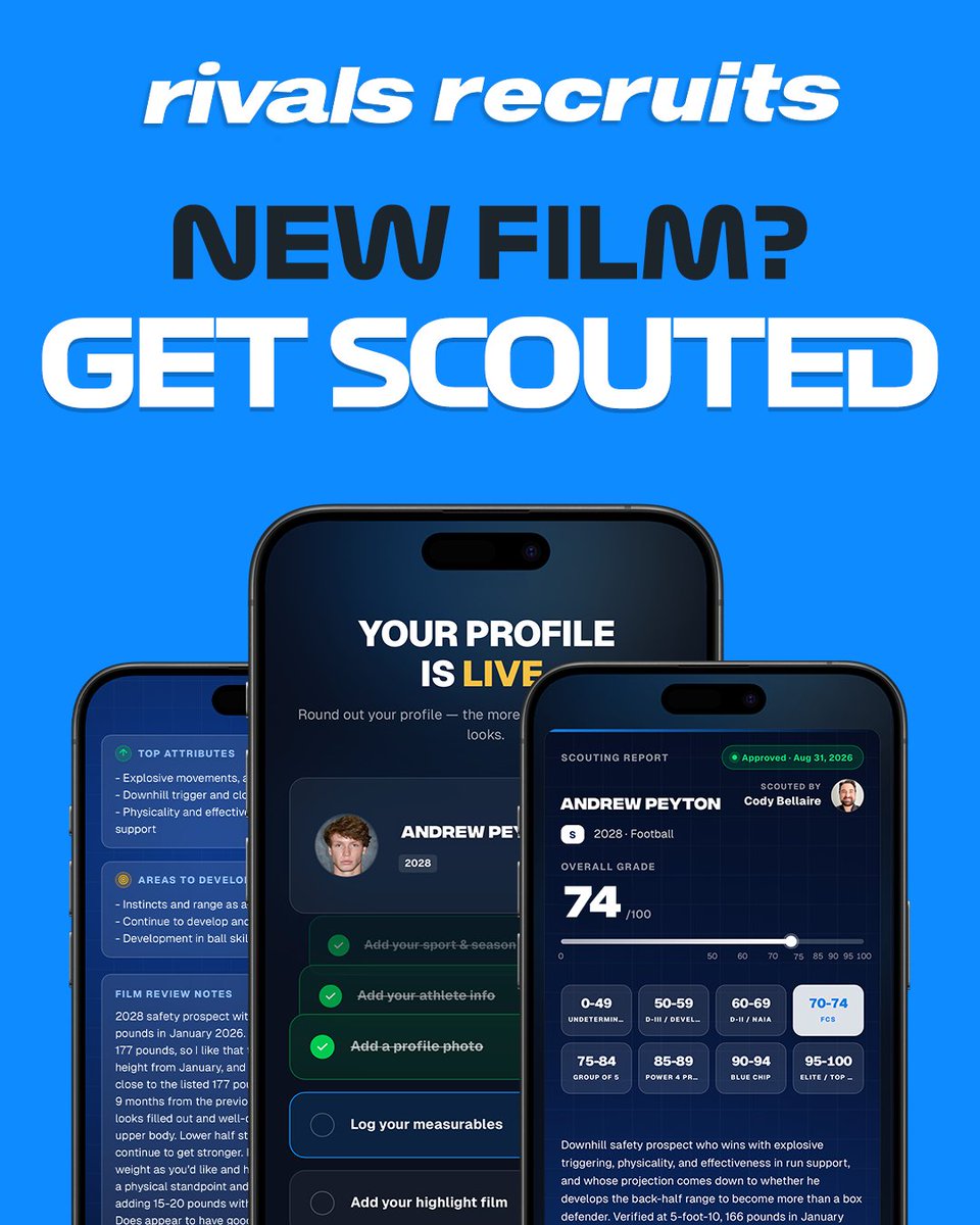 CharlesPower's tweet photo. Put your film in front of the evaluators. A @Rivals scouting report tells you where your game is now and what it'll take to get to the next level.

Start here: https://t.co/KvVPrsehTM https://t.co/BmWSKhYW1n