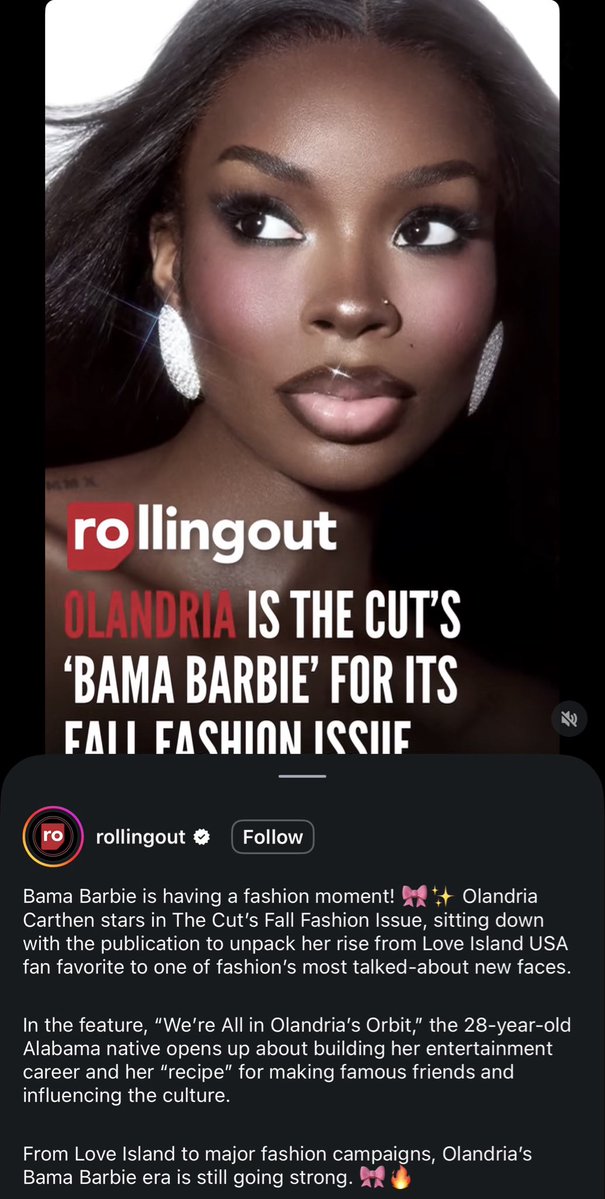 juanitamay1998's tweet photo. Rolling Out highlights Olandria Carthen’s feature in The Cut’s Fall Fashion Issue, “We’re All in Olandria’s Orbit,” covering her rise from Love Island USA to fashion campaigns, her growing entertainment career, and her influence on culture. https://t.co/aiaIrtd8nm
