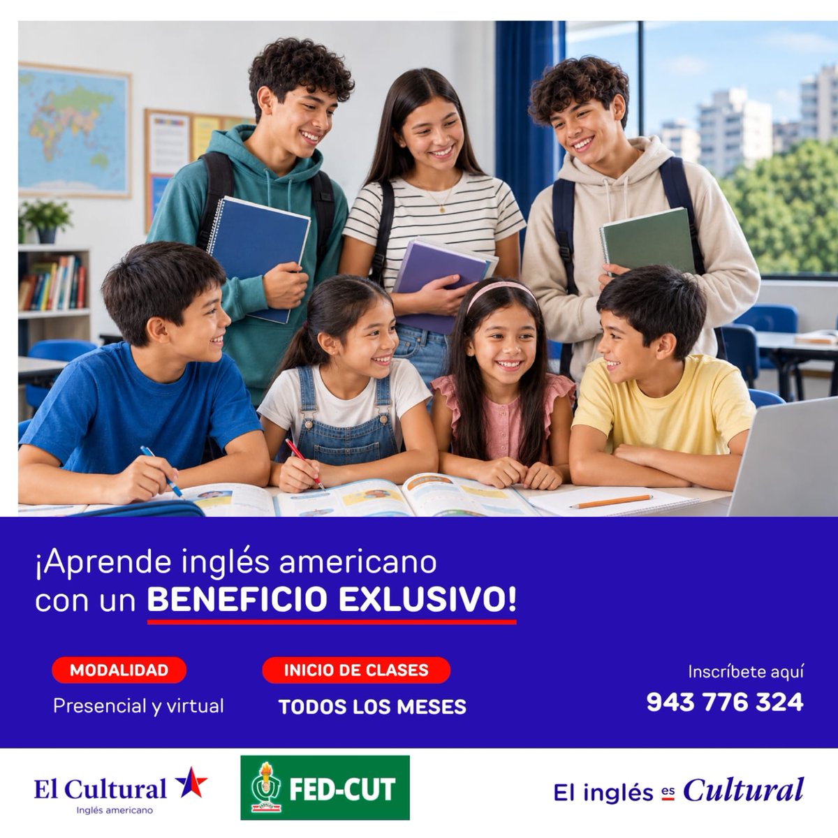 FedCut's tweet photo. ¡Llegó el momento de hablar inglés fluido! 🚀🇺🇸
Aprovecha un beneficio exclusivo para aprender inglés americano en El Cultural junto a FED-CUT.
📌 Modalidad: Presencial y virtual
📲 ¡Inscríbete hoy mismo! Escríbenos por Wts;  al 943 776 324 y asegura tu vacante con est beneficio https://t.co/eey1eotq3g