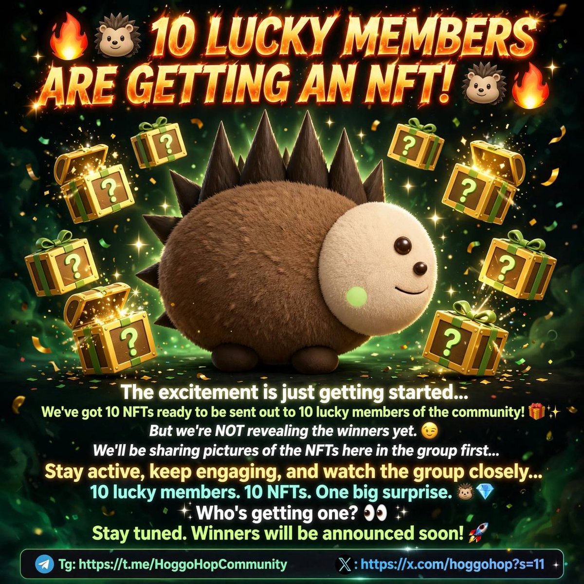 hoggohop's tweet photo. 🔥🐹 10 LUCKY MEMBERS ARE GETTING AN NFT! 🐹🔥

The excitement is just getting started… 👀

We’ve got 10 NFTs ready to be sent out to 10 lucky members of the community! 🎁✨

But we’re NOT revealing the winners yet. 😏

We’ll be sharing pictures of the NFTs here in the group first, so everyone can see what’s waiting for the lucky winners. 👀🔥

Stay active, keep engaging, and watch the group closely…

10 lucky members. 10 NFTs. One big surprise. 🐹💎

Who’s getting one? 👀

Stay tuned. Winners will be announced soon! 🚀

Tg: https://t.co/MfjWrRFCoD
X:https://t.co/6X9HDdeFJy