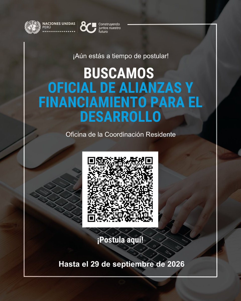 ONUPeru's tweet photo. 📢 ¡Aún estás a tiempo de postular!

La Oficina de la Coordinación Residente de las Naciones Unidas en el Perú busca un/a Oficial de Alianzas y Financiamiento para el Desarrollo.

📅 Tienes hasta el 29 de septiembre para presentarte.

🔗 Postula aquí: https://t.co/WXIketdalo https://t.co/8P7yQB64R2