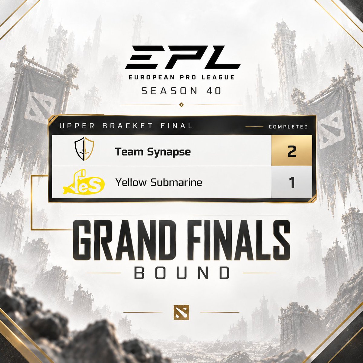 TEAMSYNAPSwxv's tweet photo. What a series!🔥GGWP to #YellowSubmarine for that amazing match!
8-0 run since group stage and we are heading to the grand finals folks! #epl #grandfinals #dota2 #teamsynapse #esports https://t.co/NNEh0dnk8q