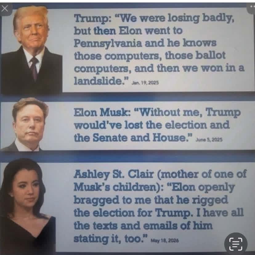 treehug06831848's tweet photo. @politvidchannel You mean like this? WTF took you guys so long to figure out Donald Trump who recently tried to limit the mail in ballots (so he can rig the up coming mid terms) ABSOLUTELY helped Elon Musk tamper with the votes 2 years ago, &amp; stole the election from Camilla Harris! https://t.co/N75OIhg7om