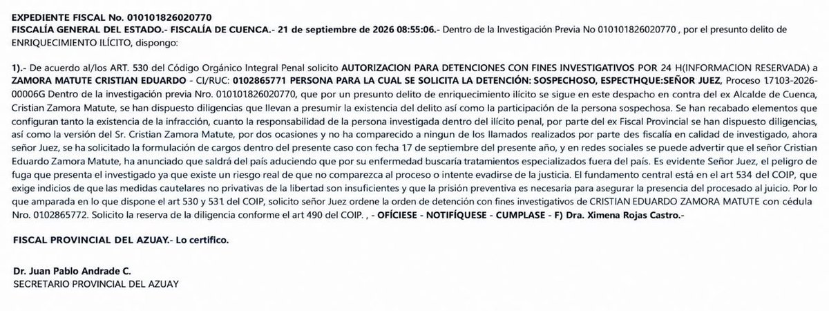 UNSIONTV's tweet photo. #URGENTE | Fiscalía solicitó autorización para la detención con fines investigativos, por 24 horas, del exalcalde de Cuenca, Cristian Zamora, dentro de una investigación por el presunto delito de enriquecimiento ilícito.

El pedido fue presentado el 21 de septiembre, luego de que Zamora no acudiera en dos ocasiones a los llamados realizados por la Fiscalía para que comparezca. Según la solicitud, la medida busca garantizar la presencia del investigado en el proceso.

La petición deberá ser analizada y resuelta por la autoridad judicial competente. Zamora se encuentra actualmente en México, según información difundida sobre su salida del país.

#UnsionNoticias #UnsionelCanaldeCuenca
#CristianZamora #Cuenca #Fiscalía #Azuay #Justicia #EnriquecimientoIlícito