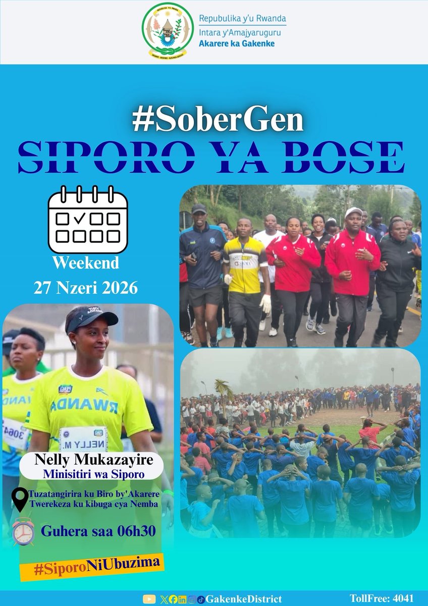 GakenkeDistrict's tweet photo. Siporo rusange #SoberGenRun yo kuri iki Cyumweru izaba ari uburyohe. Muzitabire muri benshi, tuzahagurukira ku Biro by'Akarere, saa 06h:30 Twerekeza ku Kibuga cya Nemba
#HeheNicyuma
=============
Join us for the Gakenke SoberGen Run!
We invite you to join us on Sunday, September 27, 2026, for the Gakenke SoberGen Run, promoting a healthy and responsible lifestyle among young people and the community.
๐ Starting Point: Gakenke District Headquarters
๐ Finish: Nemba Ground
โฐ Start Time: 6:30 AM