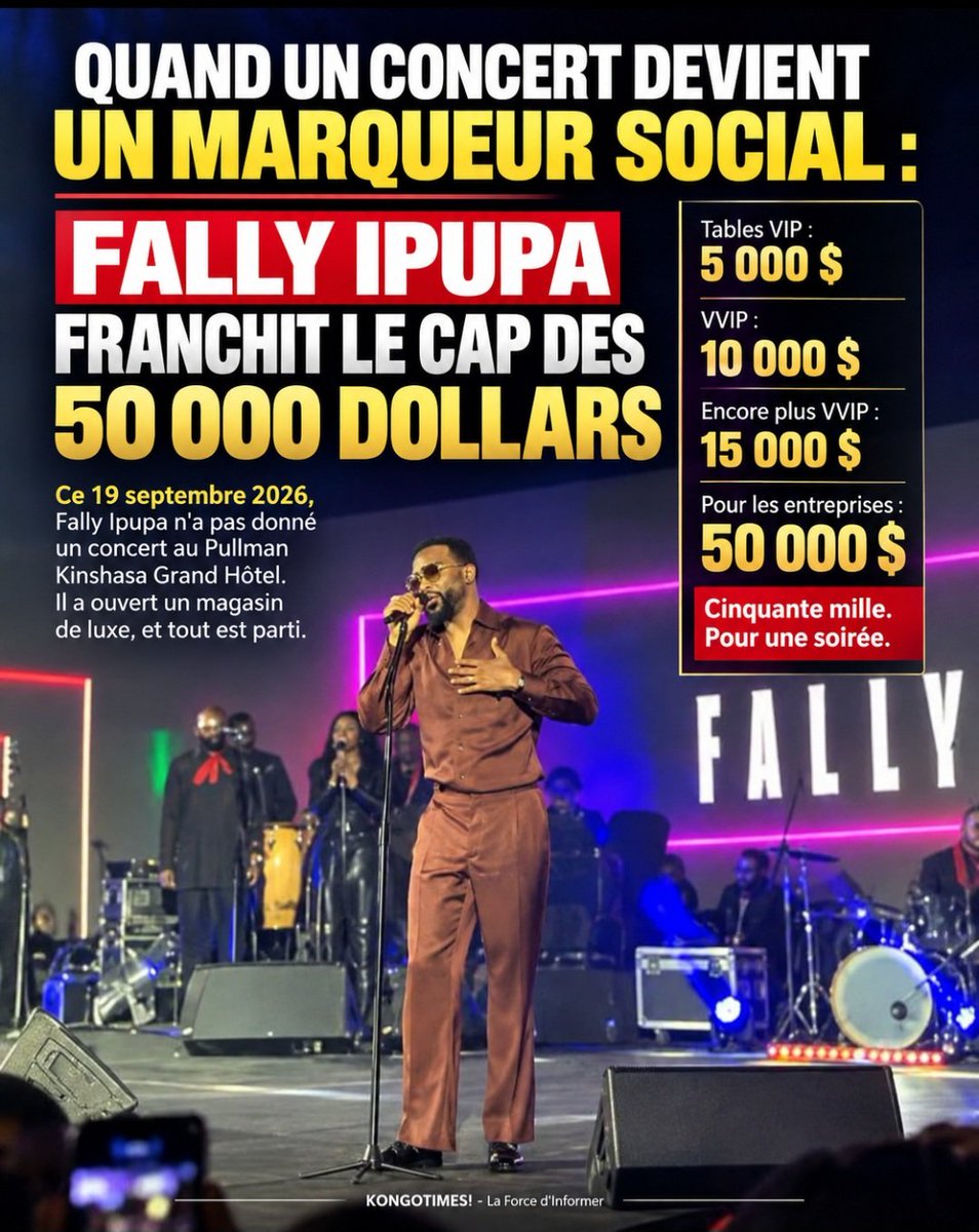 kongotimes's tweet photo. 50 000 USD la table. Ils ont payé.

Fally Ipupa n'a pas donné un concert à Kinshasa : il a vendu un statut.

En 2023, il disait « 500 $, ce n'est pas cher ». Aujourd'hui : ×100.

Génie ou insulte ? 🧵👇

#FallyIpupa #Kinshasa https://t.co/QRHmmOsMjU
