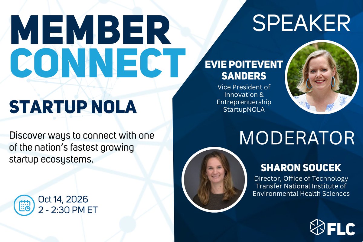 federallabs's tweet photo. Join our free, virtual FLC Member Connect on October 14, 2026, from 2–2:30 p.m. ET, with Evie Poitevent Sanders of StartupNOLA to learn about the region’s network of startups, investors, universities, and support organizations.

https://t.co/pVvVvpS8hF https://t.co/IxxVzvzouj