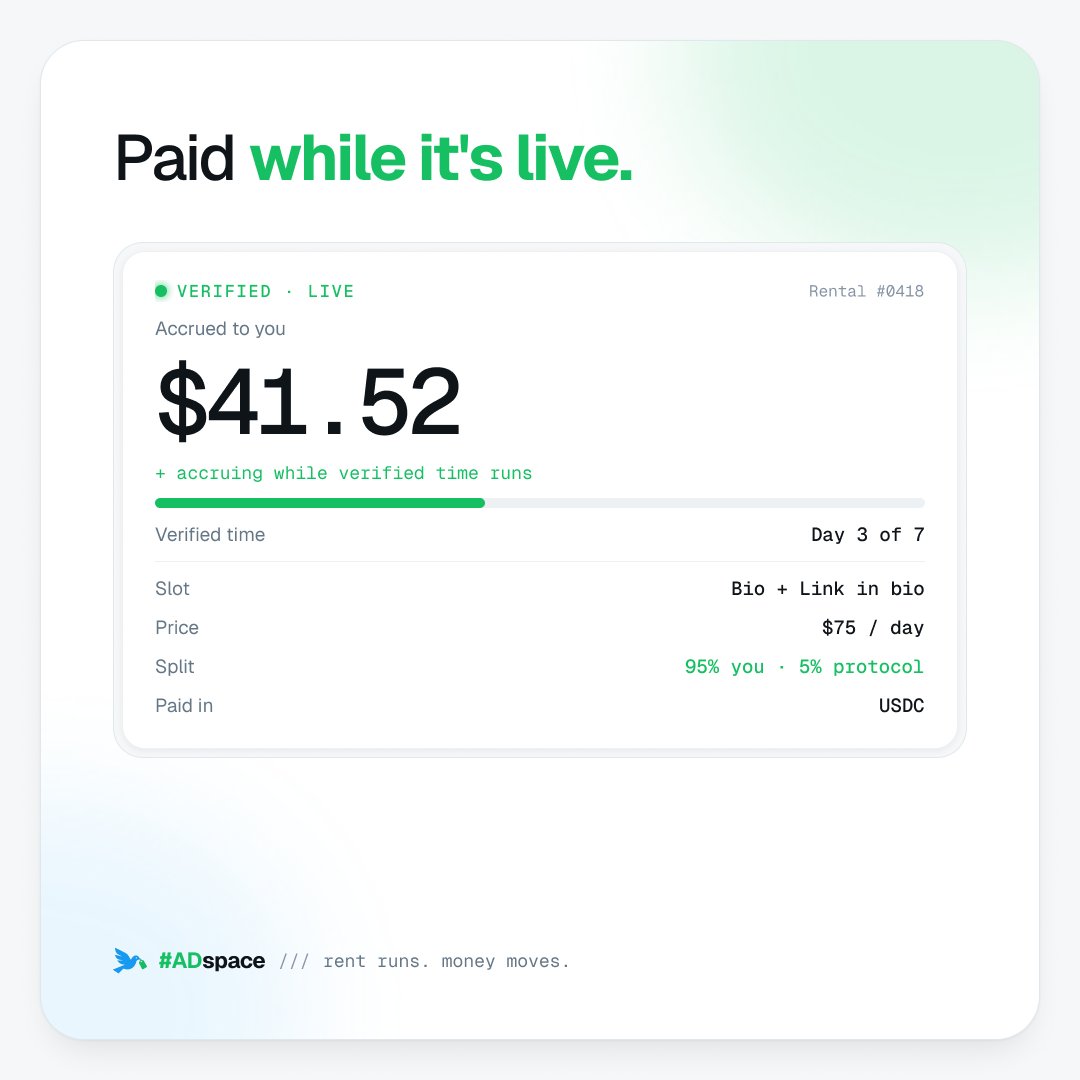 AdSpaceBio's tweet photo. ADspace is a trustless product.

→ Your payment streams to your wallet over the term of the deal.

→ Safely escrowed on Solana, you get paid as the work is completed.

https://t.co/6sBbAcqkKt https://t.co/7Nciaeof8j