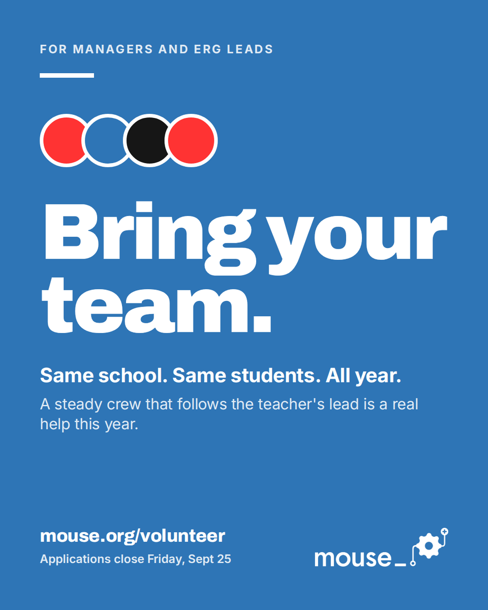 mouse_org's tweet photo. Managers and ERG leads: Your team solves problems for a living.

Teams from the same company can mentor together at the same school, with the same students.

Join us in cultivating today’s students to become tomorrow’s leaders. https://t.co/bBOxN5Qc1p