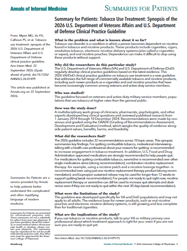 AnnalsofIM's tweet photo. Use this free patient summary to help explain the new U.S. Department of Veterans Affairs (VA) and U.S. Department of Defense (DoD) guidelines for #tobacco use treatment. https://t.co/YkYS0KT3U0 https://t.co/mXUhzGKkDJ