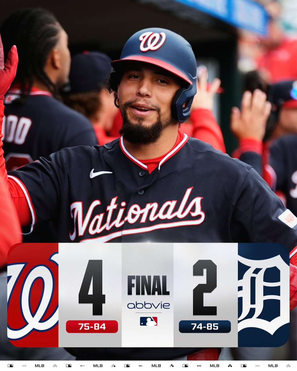 Final Score Graphic
9/23/26
Washington Nationals 4 (75-84), Detroit Tigers 2 (74-85)
Pictured: Yohandy Morales high-fives his teammates in the dugout. He wears a dark blue Nationals uniform with a dark blue Nationals helmet.