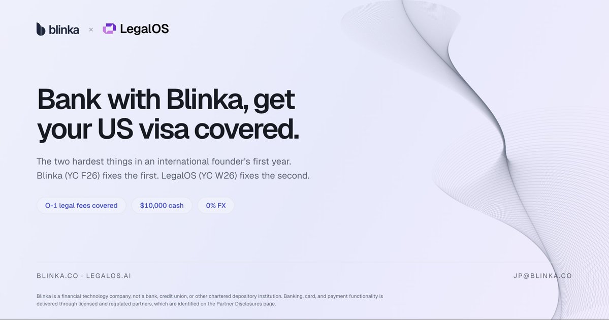 legalos's tweet photo. Bank with @GetBlinka, get your visa covered.

Every founder who banks with Blinka now gets their US work visa covered, making it easier to build and scale in the United States:

> Open account with Blinka, no US address needed
> LegalOS fees covered by Blinka
> LegalOS files the visa: O-1, H-1B, TN, L-1, and more
> Attorney-reviewed petitions prepped in 48–72 hrs