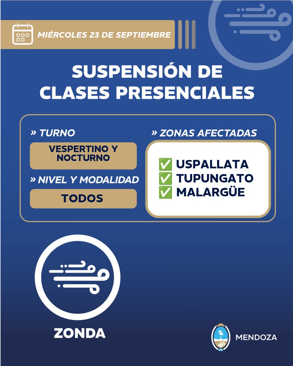 MzaDGE's tweet photo. ⚠️ Miércoles 23 de septiembre - Turno vespertino y nocturno

Debido a viento zonda, se suspenden las clases presenciales en:
 
✅Uspallata
✅Tupungato
✅Malargüe

🔗: https://t.co/w6DSXyAN6P https://t.co/s8WxVBhwWd