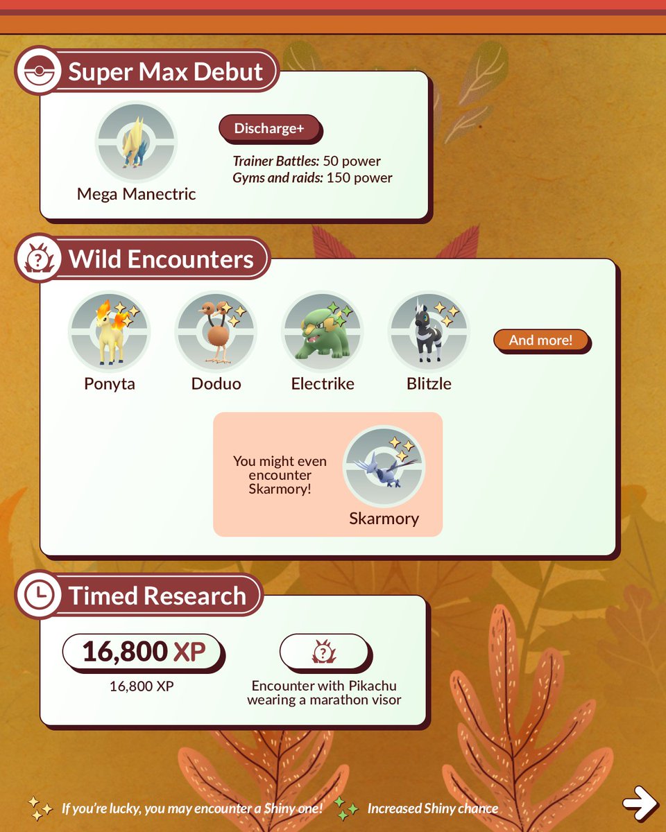 PokemonGoApp's tweet photo. Bramblin debuts during the Fall Marathon: Buddy Trek event in #PokemonGO! 

This event takes place from October 13 at 10:00 a.m. to October 19 at 8:00 p.m. local time.

https://t.co/hOtcN3CL9I https://t.co/z6TJxEjqno