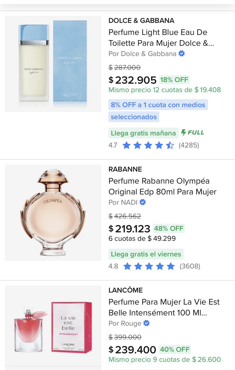 RadarOfertasAR's tweet photo. @lalibarrza Hola Laura, acabo de entrar a la lista  y estos perfumes aparecen en la primera página 😊
Saludos https://t.co/DeouVpbue3