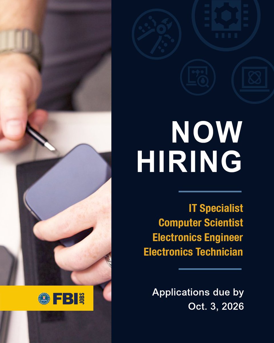 FBIJobs's tweet photo. Tech talent, the #FBI is hiring. Applications are open through Oct. 3 for IT specialists, computer scientists, electronics engineers, and electronics technicians. Forge your path. Apply today. #FBIJobs #Technology https://t.co/thaay5QJWX https://t.co/dTIaOZkFiN