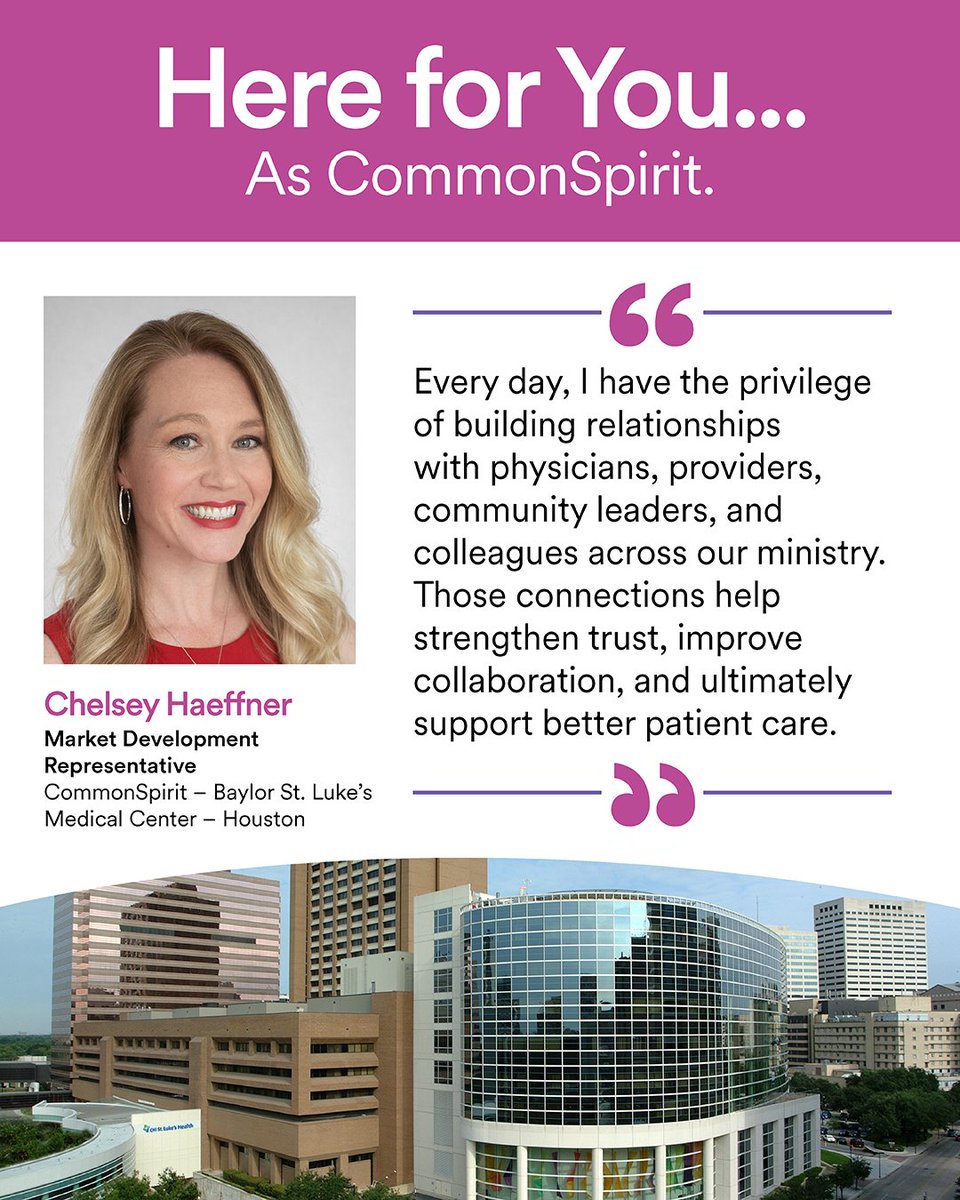 cshhouston's tweet photo. Meet our CommonSpirit Brand Ambassador, Chelsey Haeffner! If you’ve spent any time with our cardiovascular team over the last four years, you’ve likely felt her energy. Chelsey has a superpower: she makes world-class heart care feel personal. #MeetTheTeam #HealthcareExcellence https://t.co/C6wGUuIeIZ